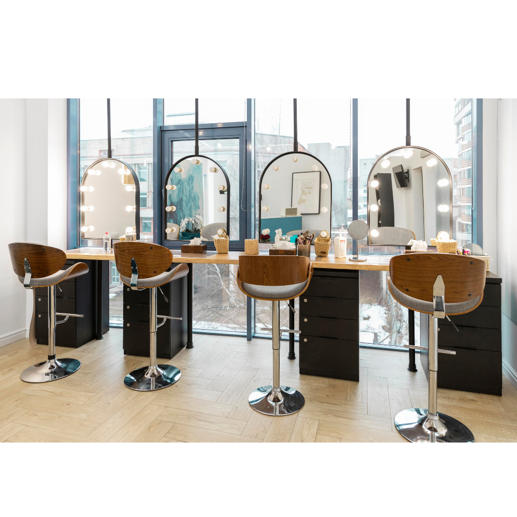 Luxury salon interior with styling stations